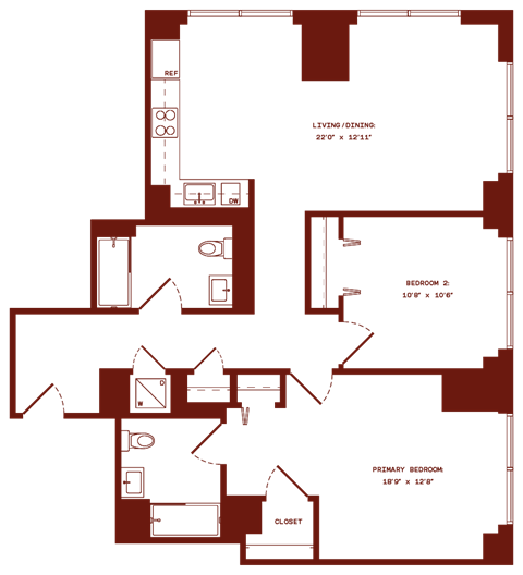 Floor plan for 2 beds, 1 bath, 1092 sqft